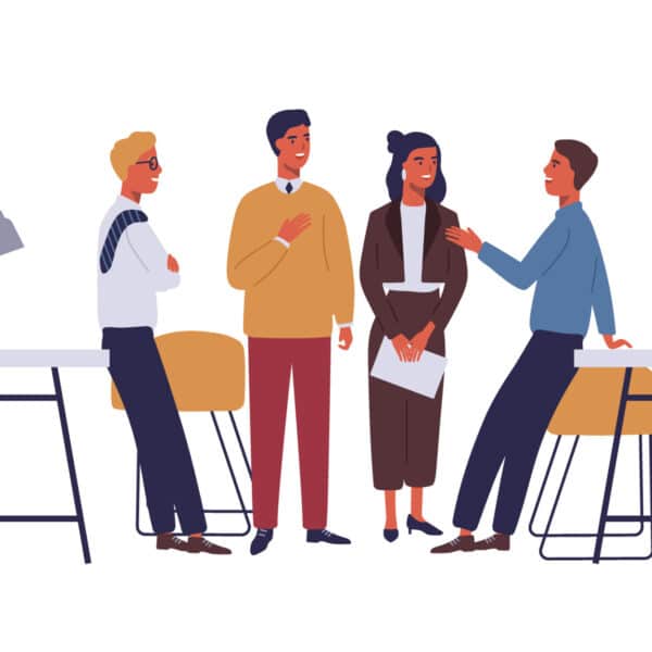 Icon Menschen unterhalten sich am Schreibtisch