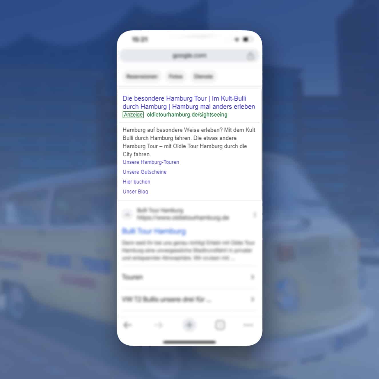 SEA Anzeige Google Suchergebnisse Oldie Tour Hamburg auf MockUp